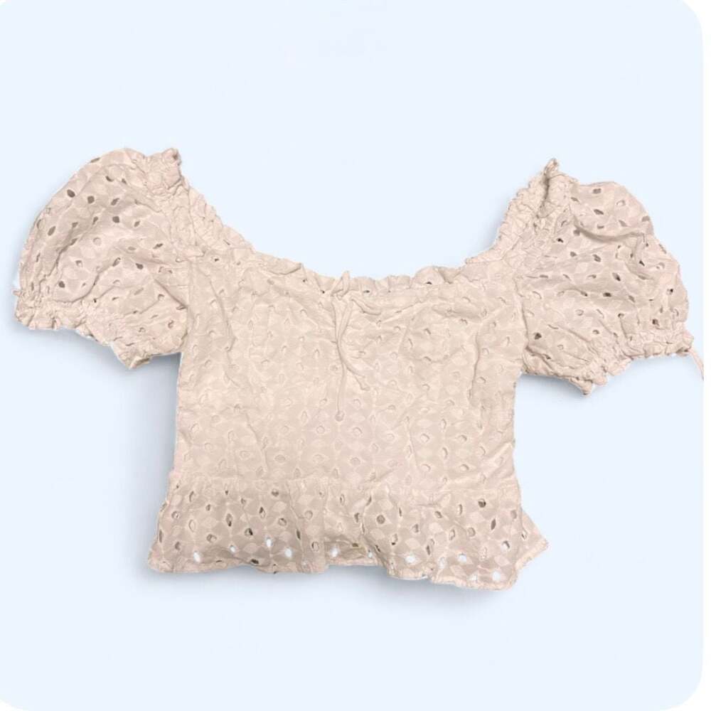 Show Me Your Mumu White Eyelet Peasant Crop Top Smocked Peplum Coquette S
